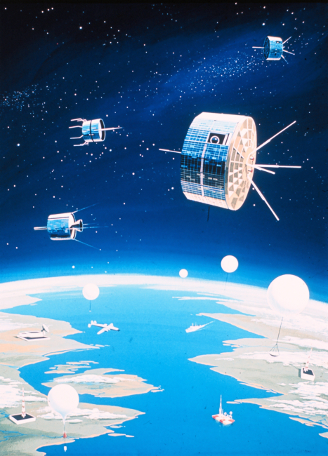 An artist's conception of a fully integrated environmental monitoring systemincluding satellites, balloons, ships, aircraft, buoys, and data reception andprocessing facilities