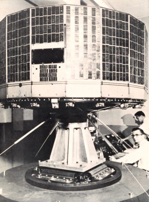 TIROS I satellite on test stand during preliminary test stage