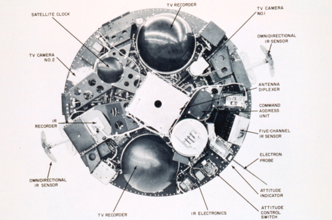 Overhead  view of a TIROS satellite showing interior arrangement of satellitesensing packages including TV cameras and infra-red sensors