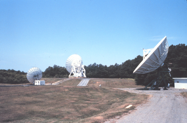 13-meter GOES C antenna in foreground, 11-meter special purpose antenna, and18-meter GOES B  antenna in background