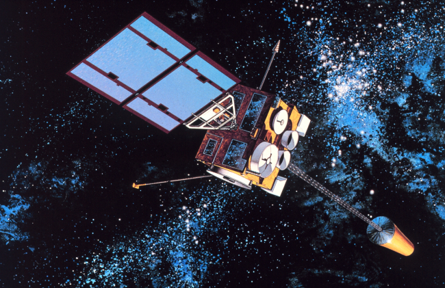 Graphic of GOES-I, the first of the GOES-NEXT spacecraft became GOES 8after a successful launch on April 13, 1994