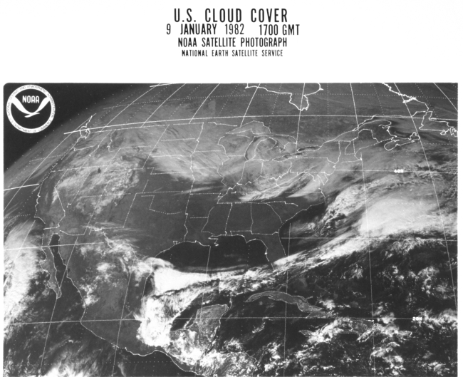 Frontal system clouds extending through 30 degrees of longitude from southwestTexas through Florida to southeast of Cape Hatteras
