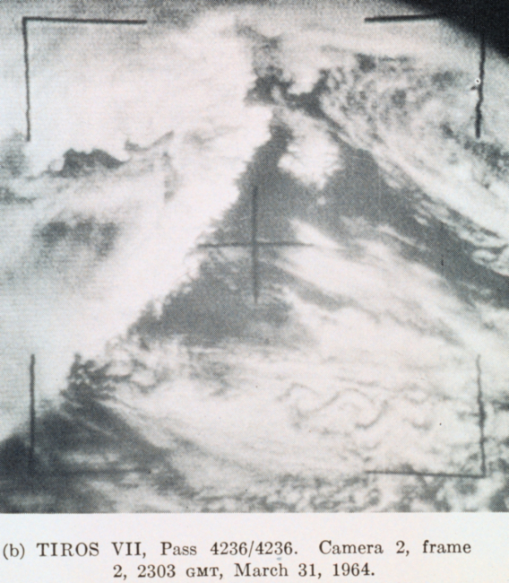 TIROS VII image showing eddy patterns in clouds downstream of Aleutian Islands