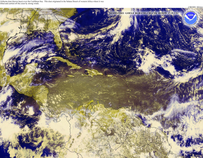 Airborne dust carried across the Atlantic from Africa is seen over the Caribbean Sea