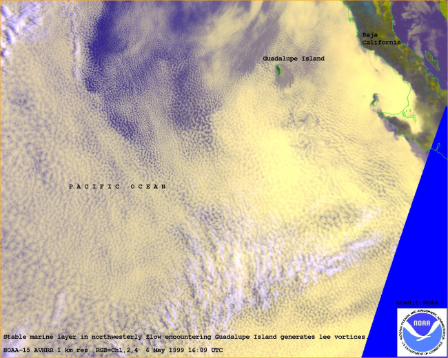 Stable marine layer in northwesterly flow encountering Guadalupe Islandgenerates lee vortices