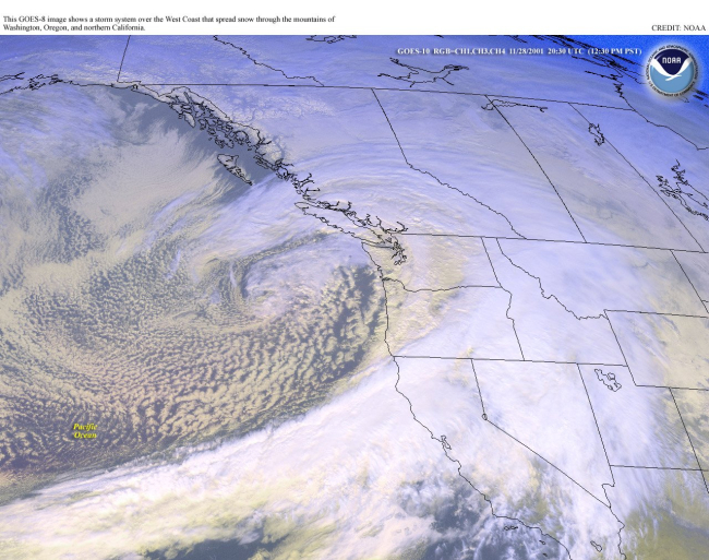 A Pacific Northwest storm spreading rain and snow over coastal regions fromWashington to California