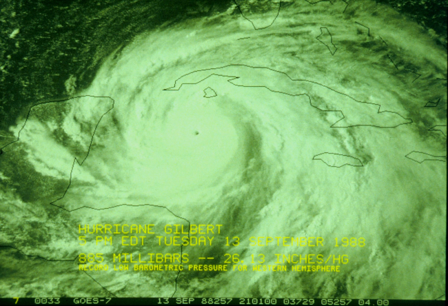 Hurricane Gilbert south of Cuba when at 885 mb (26