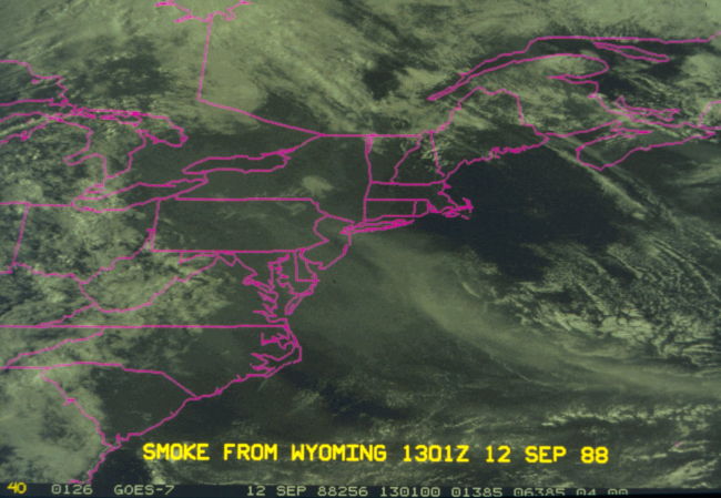 Smoke from Wyoming forest fires is trailing southeast after passing over theMid-Atlantic States