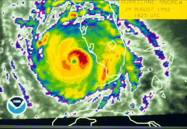 Satellite infrared view of Hurricane Andrew after it had crossed over theFlorida Peninsula and entered the Gulf of Mexico