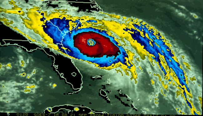 Hurricane Hugo approaching the South Carolina coast as seen from GOES-7