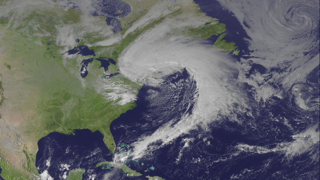 GOES-East image showing a Nor'easter producing rain and strong winds over partsof the Northeast United States and eastern Canada