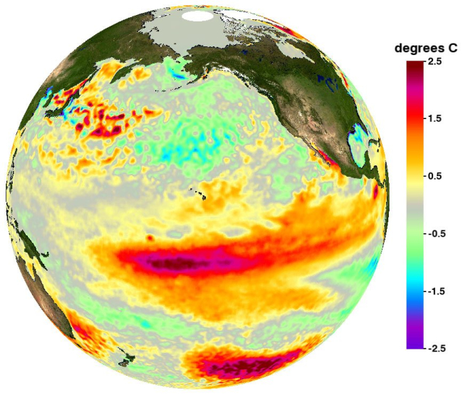 Pacific Ocean showing surface water temperature anomalies
