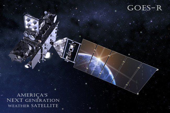 Artist's rendition of GOES R satellite with Earth reflecting off solar panel