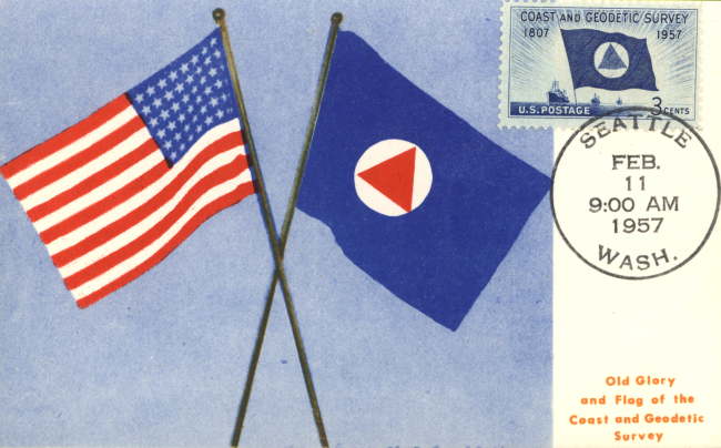Old Glory and Coast and Geodetic Survey flag on first day cover of C&GS;commemorative stamp