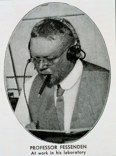 Reginald Fessenden, inventor of a transducer that converted electrical energy to sound energy while transmitting and sound energy to electrical energy whilereceiving, at work in his laboratory