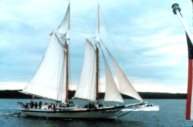 Jensen survey launch passing a Maine schooner