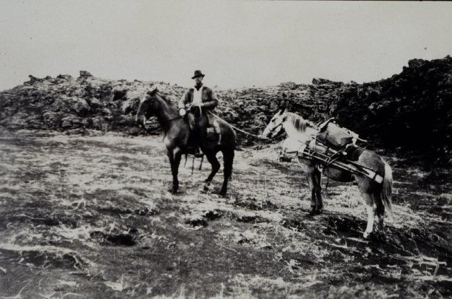Horses packed with theodolite, tripod, and triangulation equipment