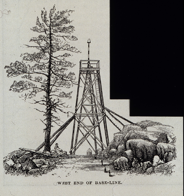Survey tower with signal pole and tin cone