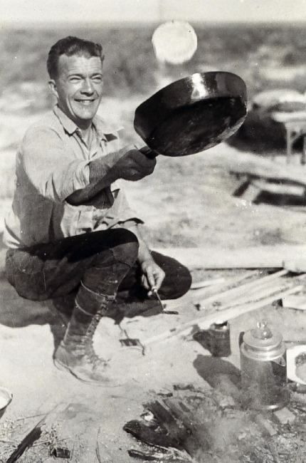 Charles Whitten as a young field engineer flipping a flapjack