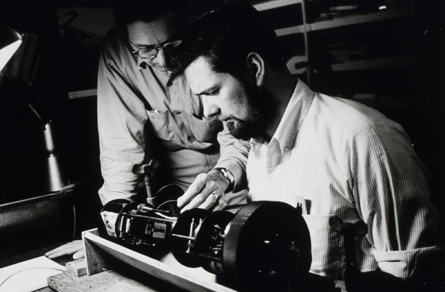 Paul Grim (sitting) and George Peter working on heat probe package