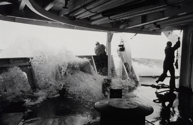 Rough weather during oceanographic operations on stern
