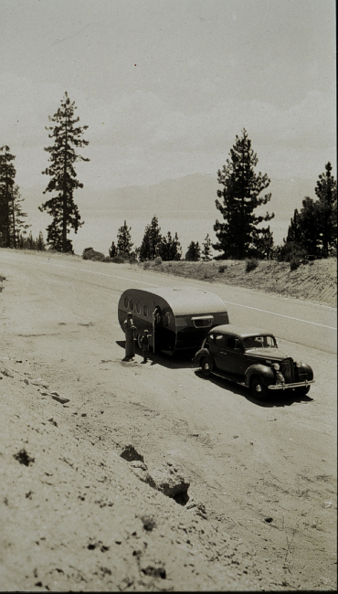 Jack Sammons' mobile home on the road at Lake Tahoe - 1940