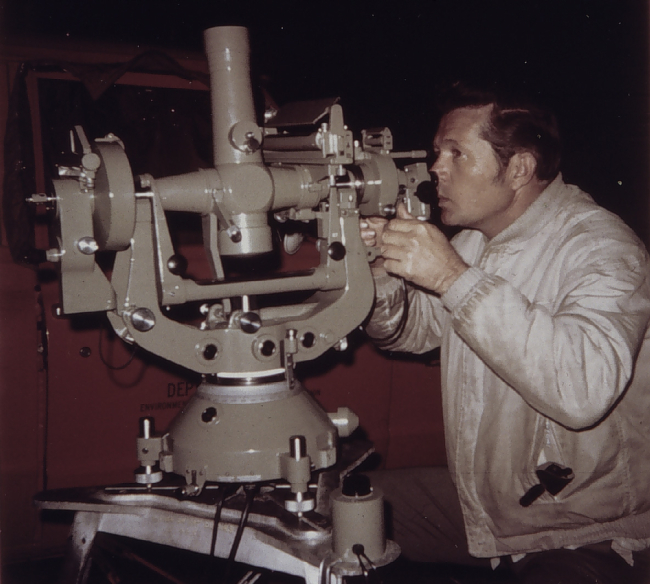 Richard Maxey observing with Wild T-4 Theodolite