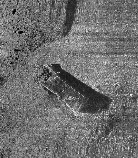 Sidescan sonar record of what appears to be a sunken LCVP