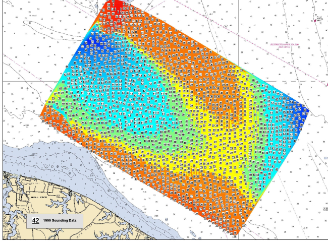 Depth coded by color on multi-beam display of 1999 survey area