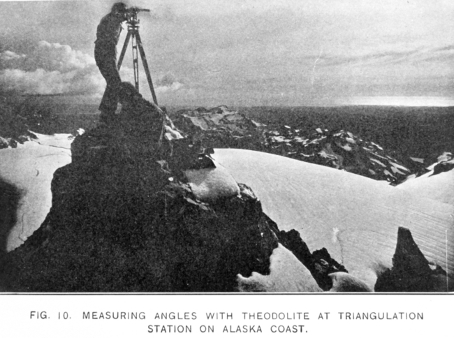 Measuring angles with theodolite at triangulation station on Alaska Coast