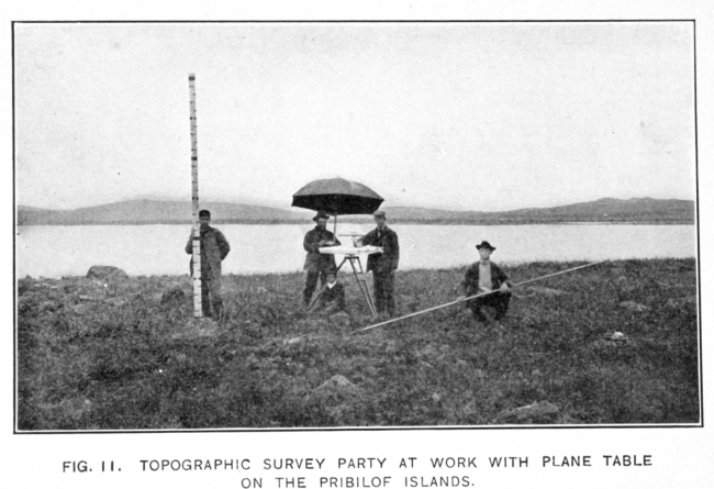 Topographic survey party at work with plane table on the Pribilof Islands