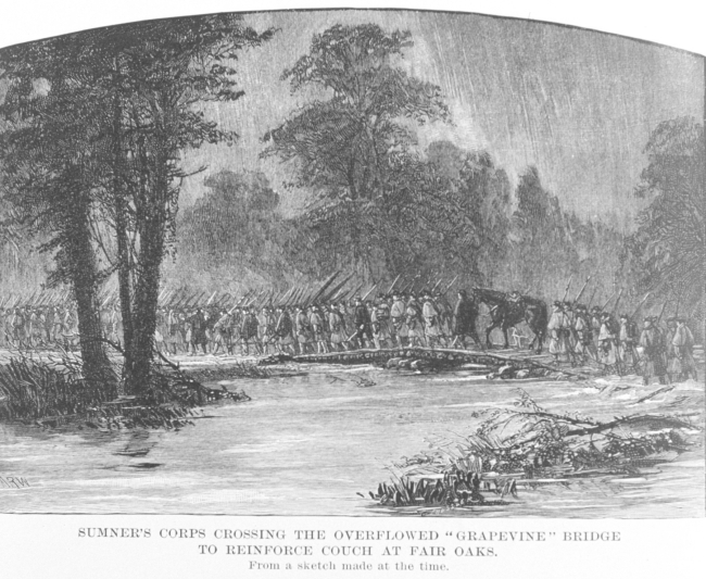 Sumner's Corps crossing the overflowed Grapevine Bridge to reinforce Couch atthe Battle of Fair Oaks