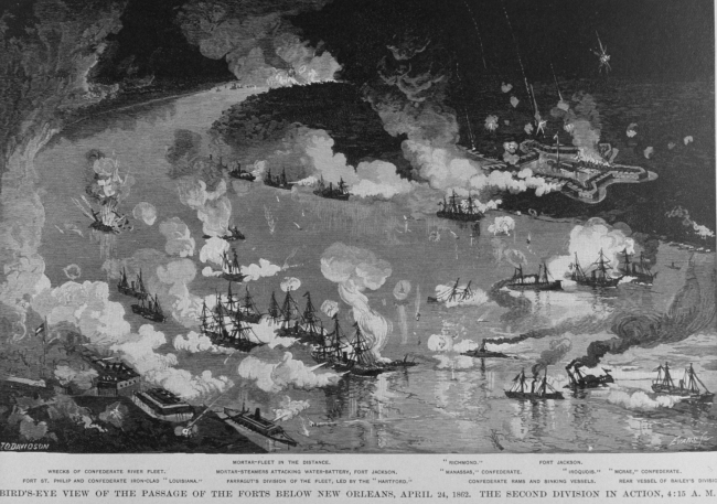 Bird's-eye view of the passage of the forts below New Orleans