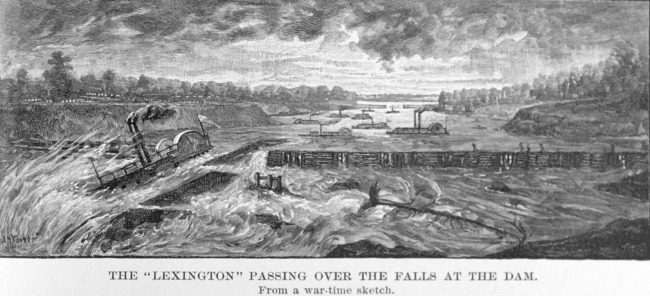 The Lexington passing over the falls at the dam