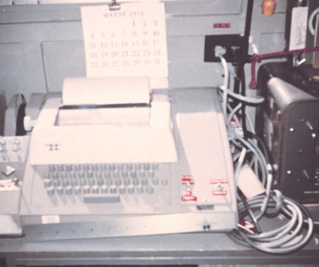 Teletype on inshore survey boat for recording time, depth,electronic positioning information, etc