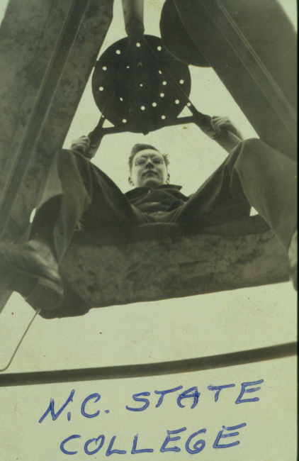 Ben Hickok on the light-keeper's perch on a Bilby tower at North Carolina StateUniversity