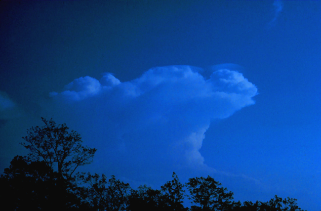 Developing cumulonimbus clouds with several pileus caps