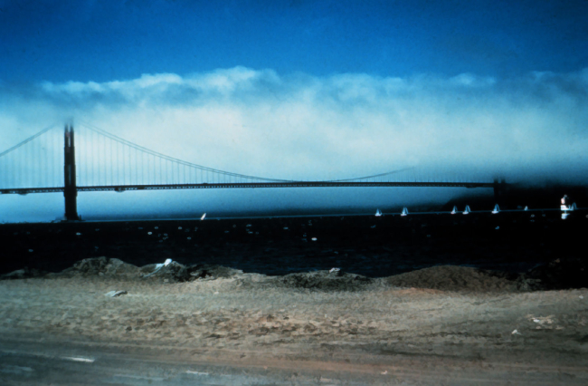 A fog bank enveloping the Golden Gate Bridge