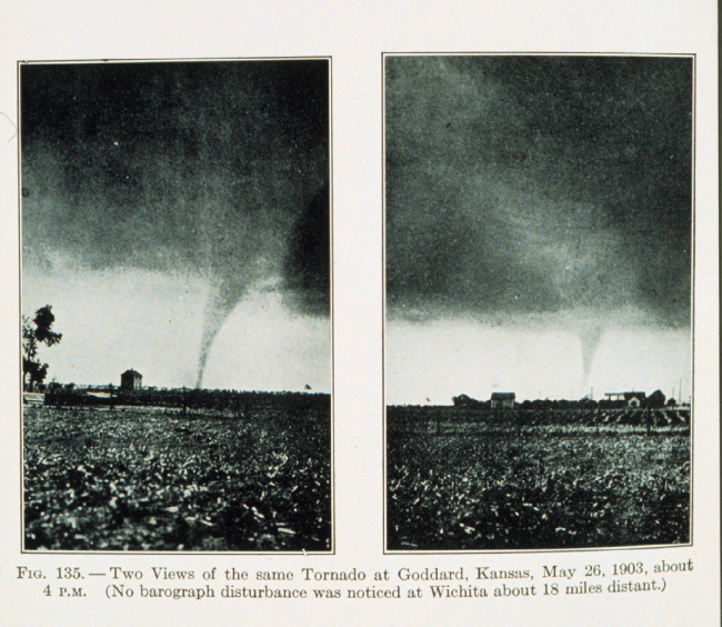 Two views of the same tornado at Goddard, KansasMay 26, 1903Figure 135 of Meteorology by Willis Milham, 1912