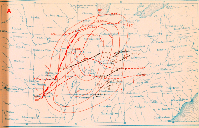 Map showing weather situation and storm track of Tri-State Tornado