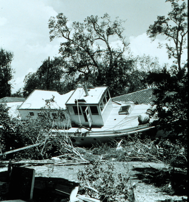 Fishing vessel driven ashore by Hurricane Camille