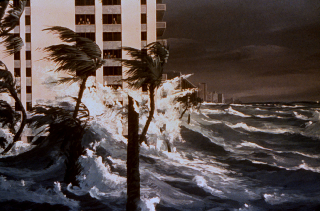 Artist's rendition of safe people in high-rise observing storm surge