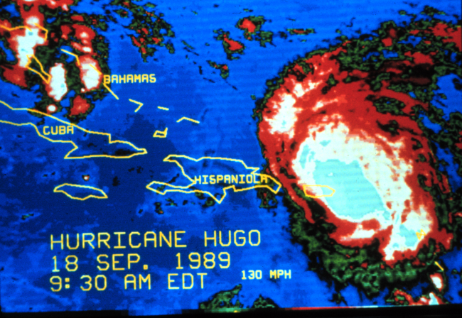 Enhanced infrared imagery of Hurricane Hugo morning of September 18, 1989Hugo was centered near the northeast tip of Puerto RicoThe storm had weakened to a Category 3 on Saffir-Simpson at this time