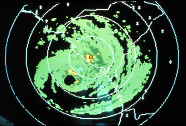 Charleston NWS radar image of Hurricane Hugo on September 21, 1989The eye was now about 75 miles southeast of Charleston with a 30-mile diameterThe eyewall with the strongest winds was only 50 miles from the coast
