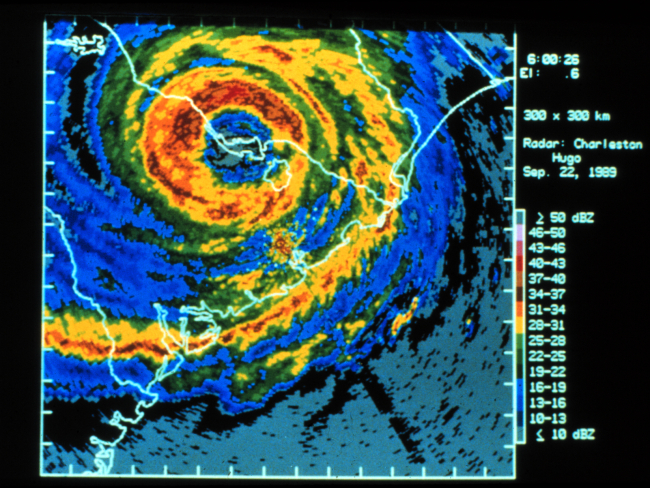 Digitized Charleston WSR-57 radar image of Hugo with superimposed windsHugo had passed well inland at this time but still remained quite dangerous