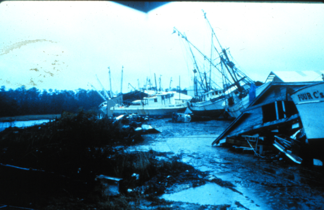 Channel on left was location of fishing vessels before being deposited on landHurricane Hugo