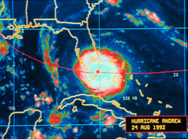 Hurricane Andrew - infrared image taken by GOES 7Andrew is crossing the Florida coast and making landfallAugust 24, 1992, at Dade County, Florida