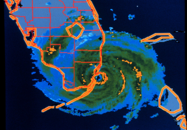 Hurricane Andrew - WSI radar composite of Andrew making landfallAugust 24, 1992, at Dade County, Florida