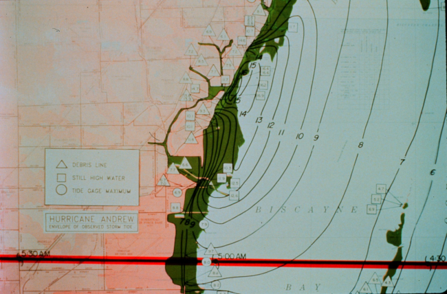Hurricane Andrew - Storm tide data and contours in feet - green area inundatedAugust 24, 1992 at Dade County, Florida