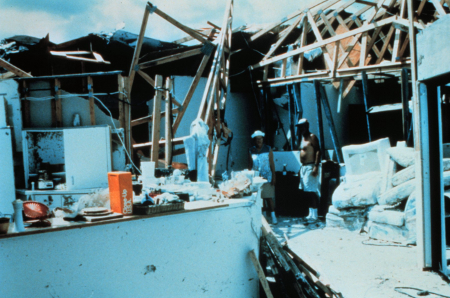 Hurricane Andrew - Six adults crowded into interior closet of this homeThey all survived